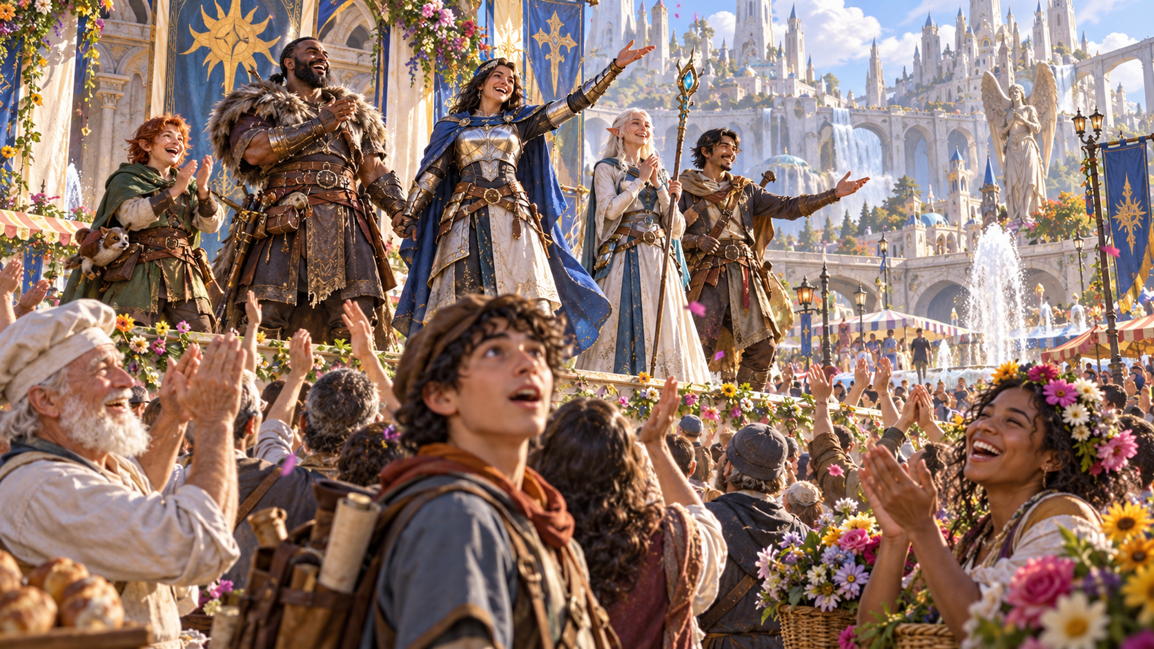 Fantasy illustration of a party in a festival square greeted by a cheering crowd, flowers and expressions of awe