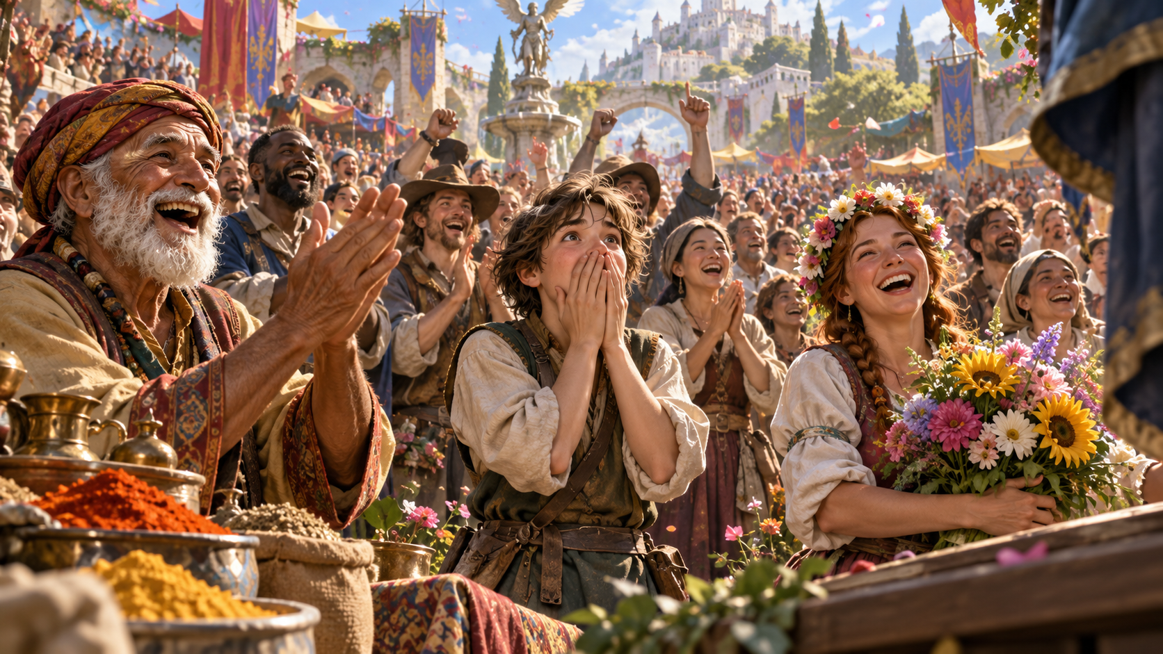 Fantasy illustration of three standout market onlookers laughing, gasping and cheering within a larger crowd