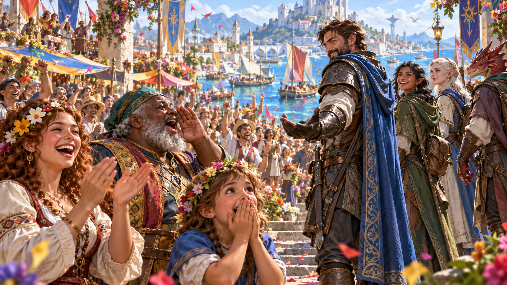 Fantasy illustration of a party answering a waterfront festival crowd as onlookers shout and cheer