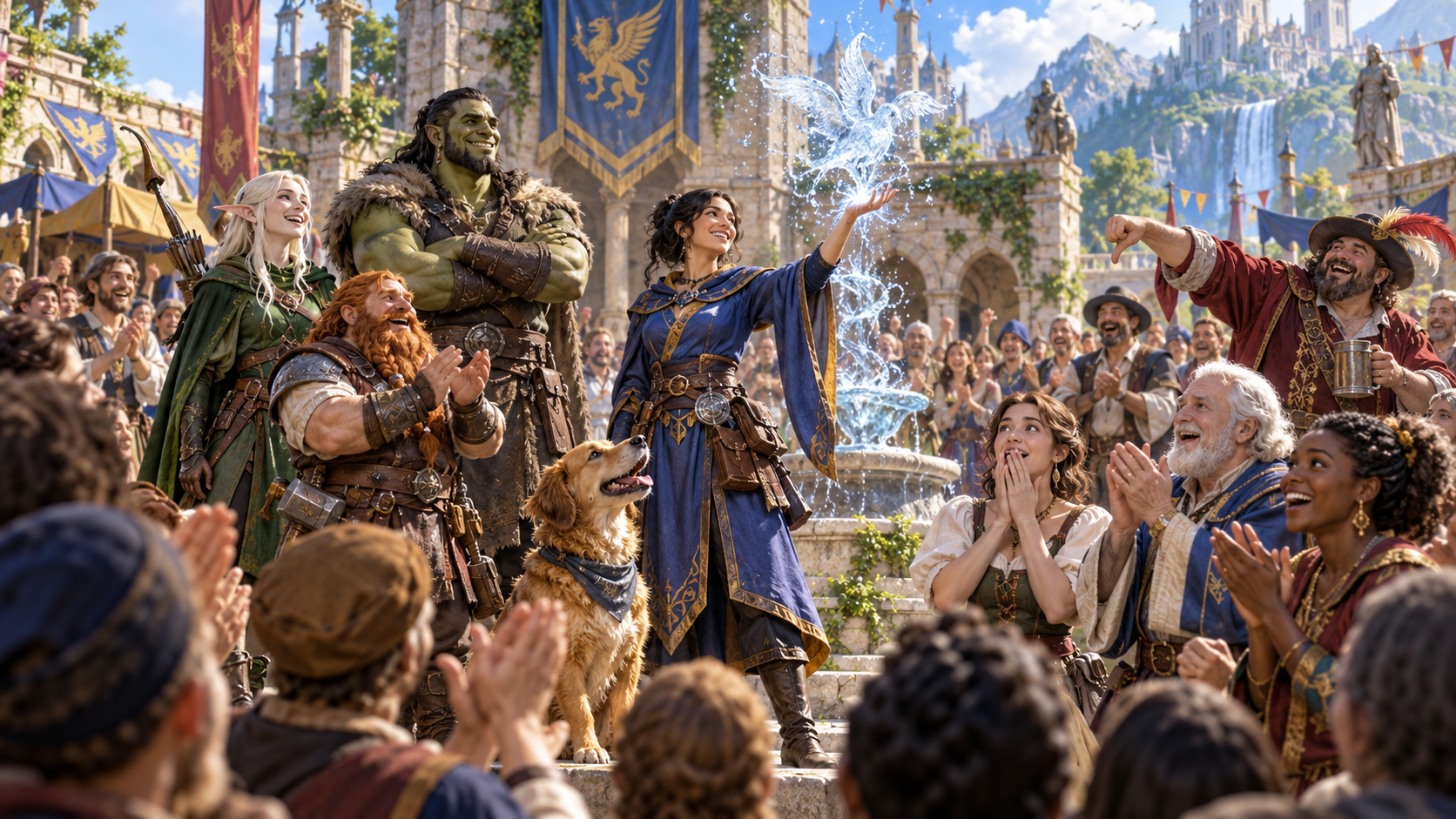 Fantasy illustration of a magical demonstration surrounded by an audience with amused, surprised and delighted reactions